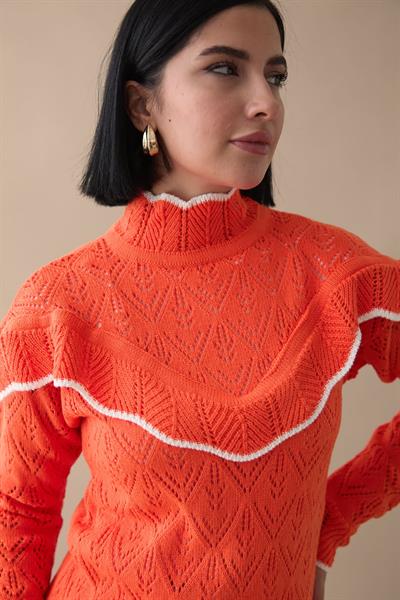 Alvi Fırfır Detay Şeritli Triko Kazak - Oranj