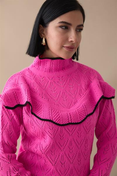 Alvi Fırfır Detay Şeritli Triko Kazak - Fuşya