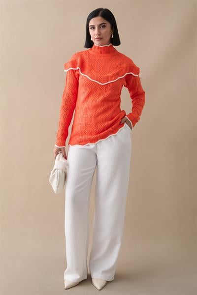 Alvi Fırfır Detay Şeritli Triko Kazak - Oranj