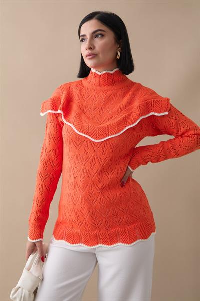 Alvi Fırfır Detay Şeritli Triko Kazak - Oranj