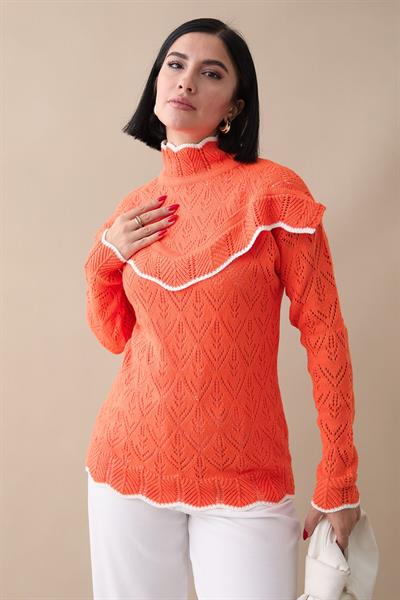 Alvi Fırfır Detay Şeritli Triko Kazak - Oranj