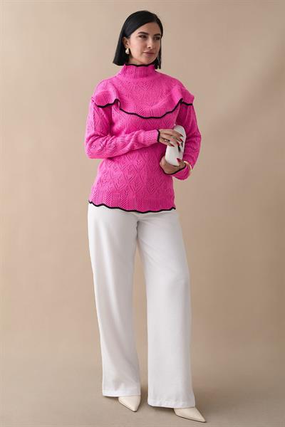 Alvi Fırfır Detay Şeritli Triko Kazak - Fuşya