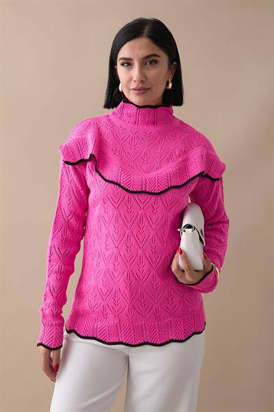 Alvi Fırfır Detay Şeritli Triko Kazak - Fuşya