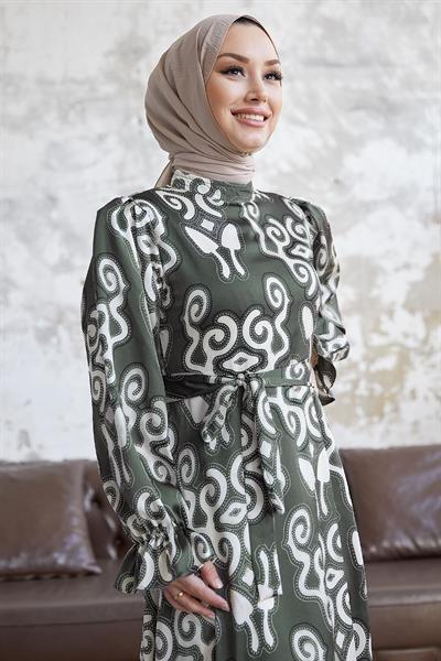 Amaris Desenli Kuşaklı Haki Saten Elbise