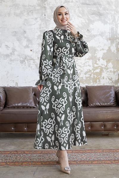 Amaris Desenli Kuşaklı Haki Saten Elbise