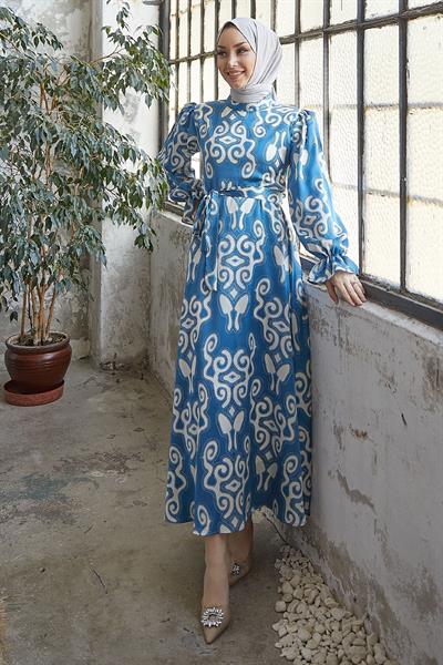 Amaris Desenli Kuşaklı İndigo Saten Elbise
