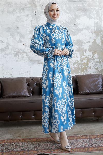 Amaris Desenli Kuşaklı İndigo Saten Elbise