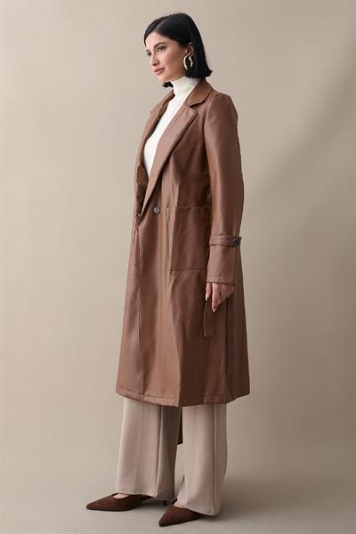 Anyora Kruvaze Yaka Deri Taba Trenç