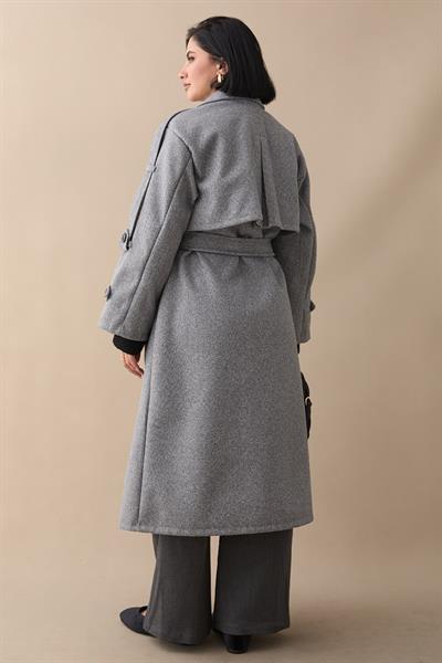 Apoletli Kuşaklı Oversize Açık Gri Kaşe Kaban