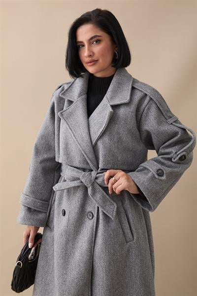 Apoletli Kuşaklı Oversize Açık Gri Kaşe Kaban