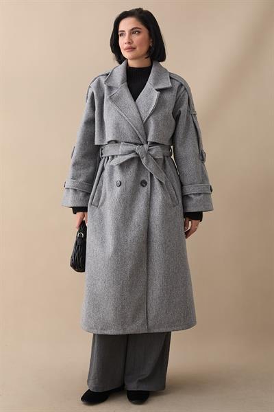 Apoletli Kuşaklı Oversize Açık Gri Kaşe Kaban