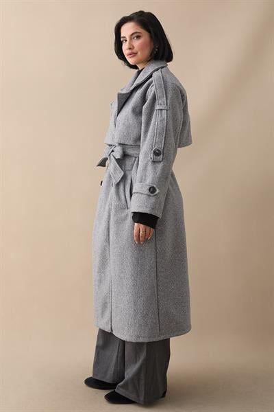 Apoletli Kuşaklı Oversize Açık Gri Kaşe Kaban