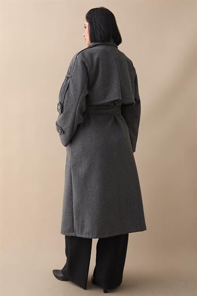 Apoletli Kuşaklı Oversize Koyu Gri Kaşe Kaban