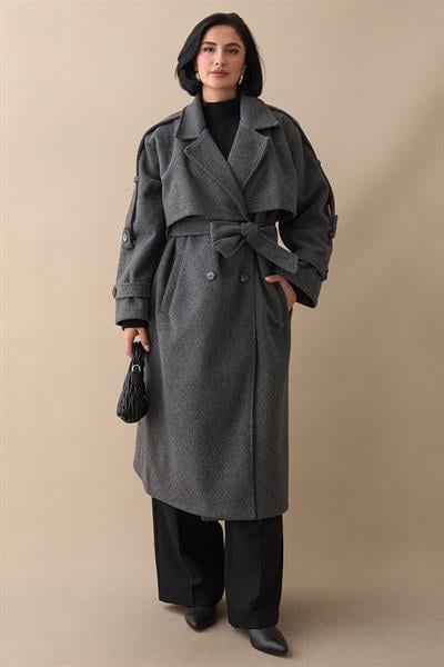 Apoletli Kuşaklı Oversize Koyu Gri Kaşe Kaban