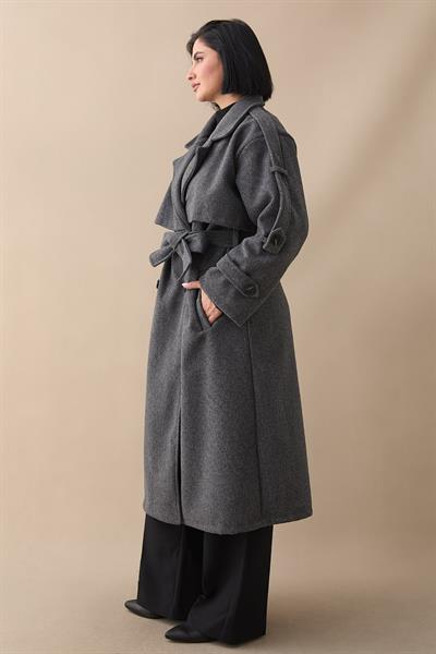 Apoletli Kuşaklı Oversize Koyu Gri Kaşe Kaban