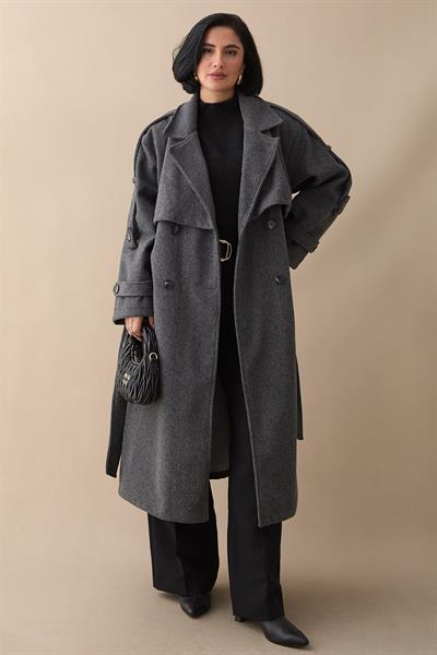 Apoletli Kuşaklı Oversize Koyu Gri Kaşe Kaban