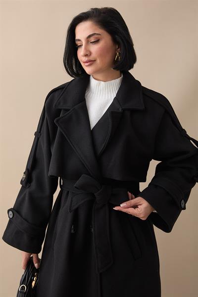 Apoletli Kuşaklı Oversize Siyah Kaşe Kaban