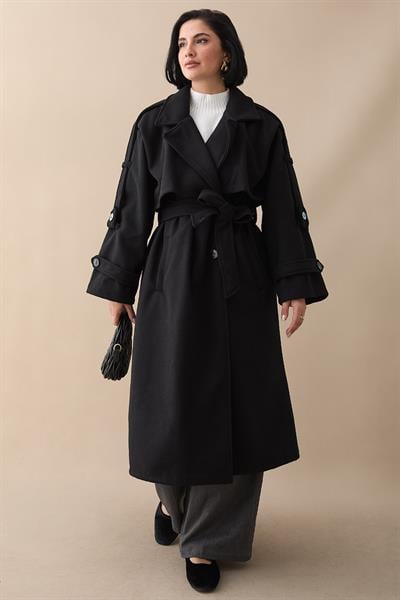 Apoletli Kuşaklı Oversize Siyah Kaşe Kaban