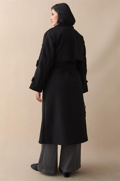 Apoletli Kuşaklı Oversize Siyah Kaşe Kaban