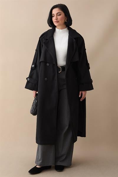 Apoletli Kuşaklı Oversize Siyah Kaşe Kaban