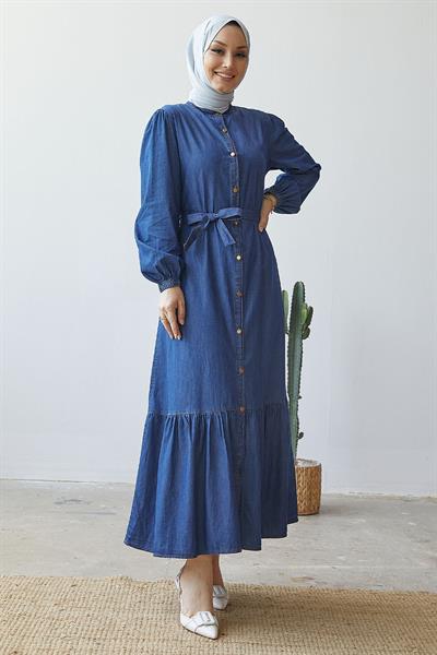Aravis Eteği Fırfırlı Kuşaklı Kot Elbise - Koyu Mavi