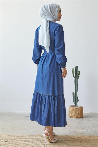 Aravis Eteği Fırfırlı Kuşaklı Kot Elbise - Koyu Mavi