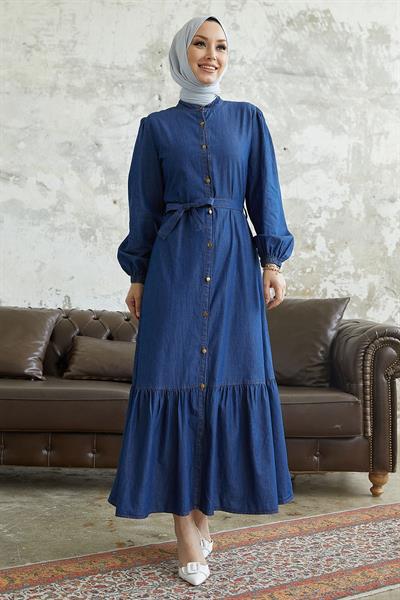 Aravis Eteği Fırfırlı Kuşaklı Kot Elbise - Koyu Mavi