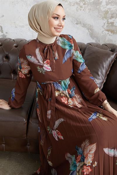 Ares Kuş Tüyü Desen  Acı Kahve Şifon Elbise