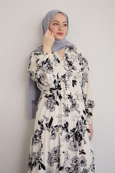 Aresya Çiçeği Desenli Beyaz Elbise