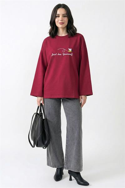 Arı Desen Nakışlı Oversize Bordo Sweat