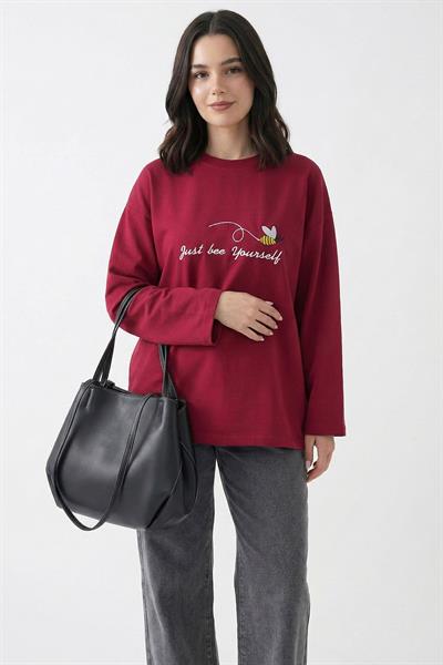 Arı Desen Nakışlı Oversize Bordo Sweat