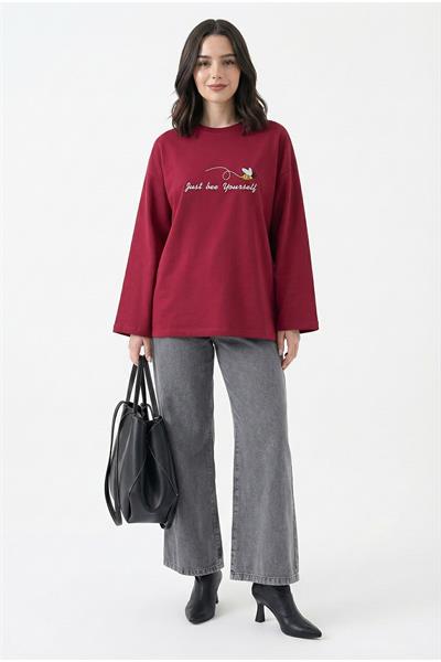 Arı Desen Nakışlı Oversize Bordo Sweat