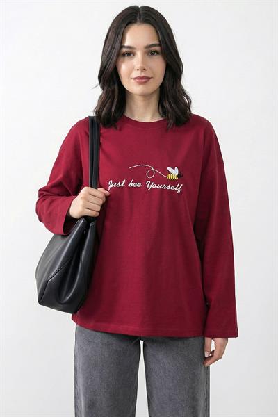 Arı Desen Nakışlı Oversize Bordo Sweat