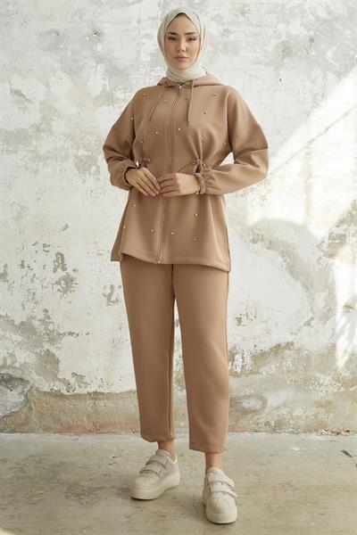 Ariesa Stone-Embellished Drawstring Camel Scuba Set