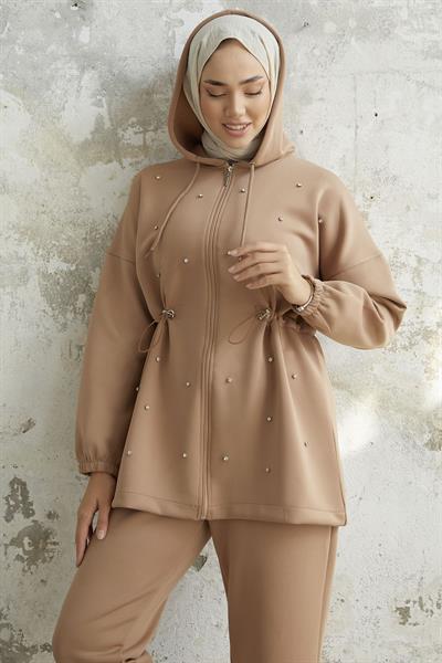 Ariesa Stone-Embellished Drawstring Camel Scuba Set