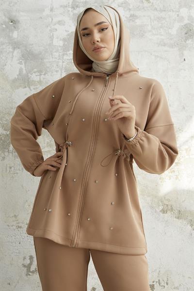 Ariesa Stone-Embellished Drawstring Camel Scuba Set