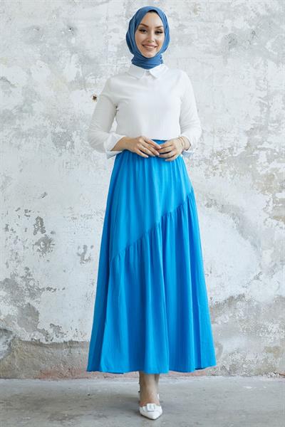 Arina Biye Detay Gofre Etek - Mavi