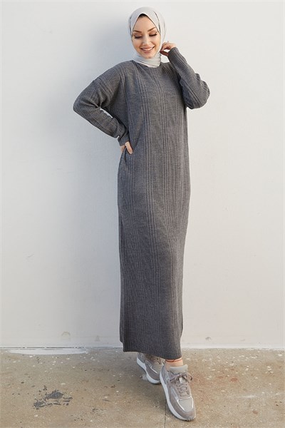 Arissa High Neck Long Knit Dress - Charcoal