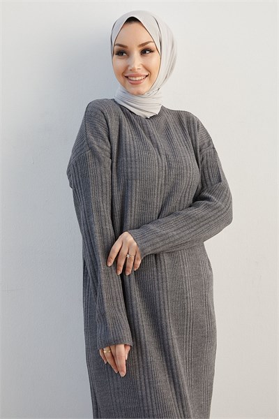 Arissa High Neck Long Knit Dress - Charcoal