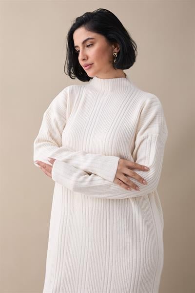 Arissa Balıkçı Yaka Uzun Triko Elbise - Krem