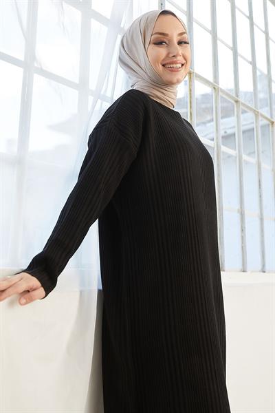 Arissa Balıkçı Yaka Uzun Triko Elbise - Siyah