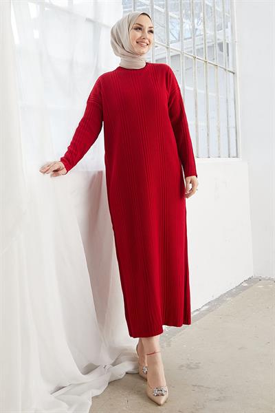 Arissa Balıkçı Yaka Uzun Triko Elbise - Kırmızı | Modasima.com