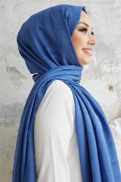 Ariva G Desen Jakarlı Pamuklu Şal - İndigo