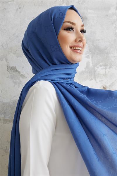 Ariva G Desen Jakarlı Pamuklu Şal - İndigo