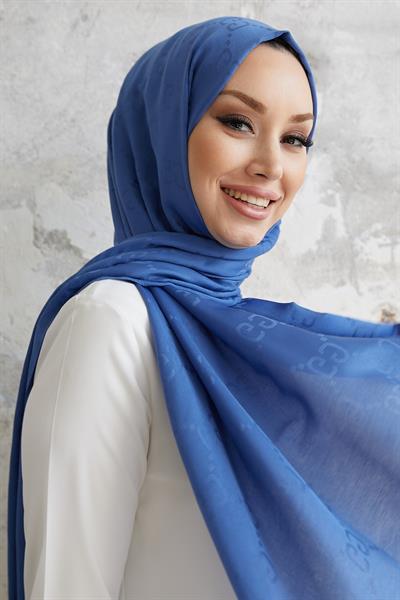 Ariva G Desen Jakarlı Pamuklu Şal - İndigo