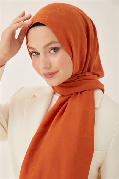 Ariva G Desen Jakarlı Pamuklu Şal - Kiremit