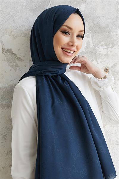 Ariva G Desen Jakarlı Pamuklu Şal - Lacivert