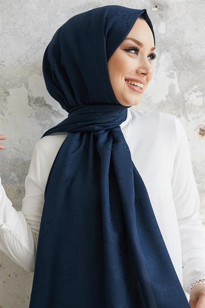 Ariva G Desen Jakarlı Pamuklu Şal - Lacivert