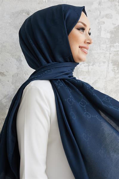 Ariva G Desen Jakarlı Pamuklu Şal - Lacivert