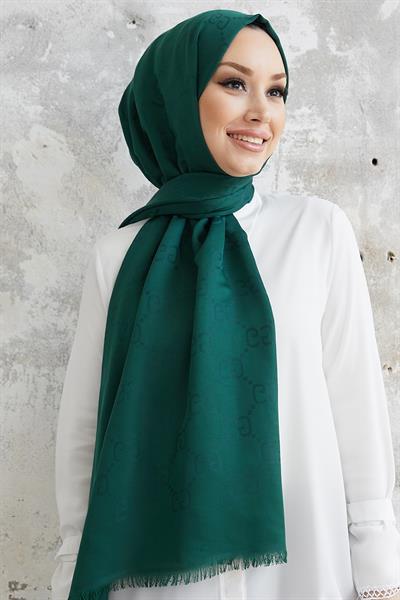 Ariva G Desen Jakarlı Pamuklu Şal - Petrol Yeşili